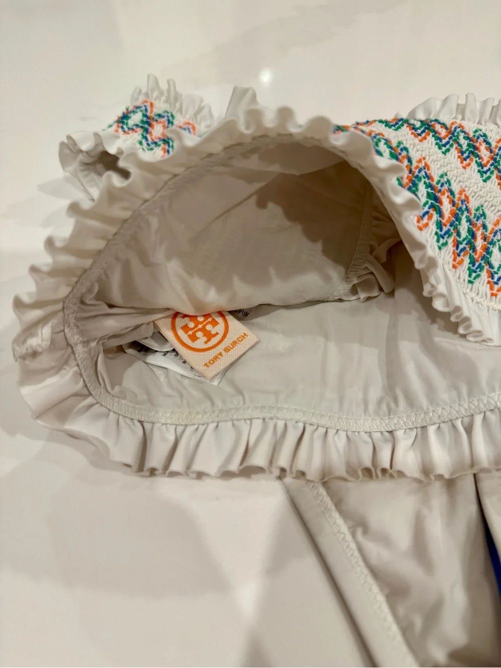 Tory Burch White Smocked Bandeau Bikini with Multicolor Stitching
